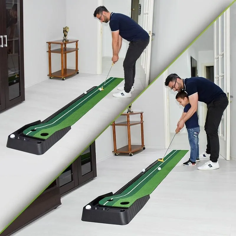 2.5m Golf Putting Mat with Push Rod Trainer & 6 Balls - no Auto Return