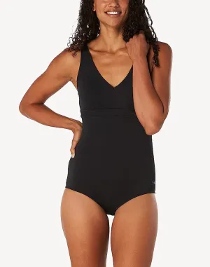 Solid V Neck Polyester One Piece Swimsuit