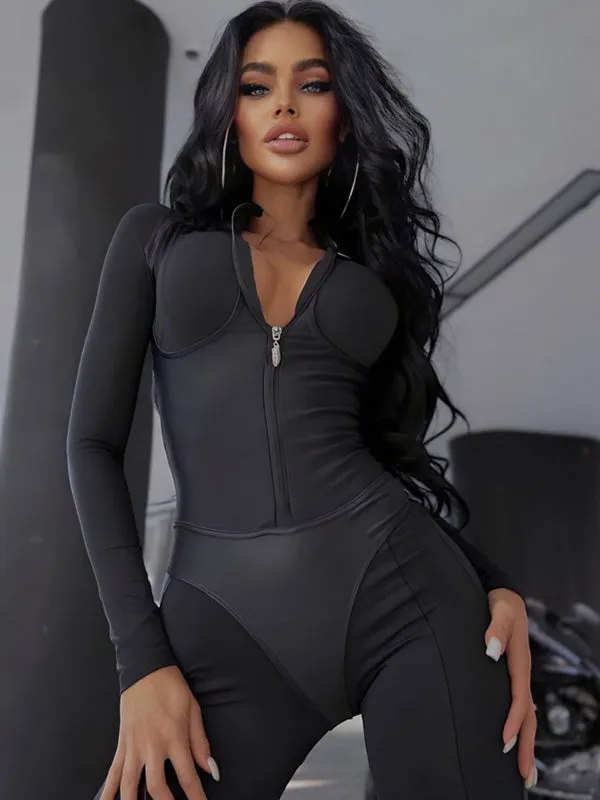 ZASUWA Female Faux Leather Zipper Stand Collar Jumpsuit