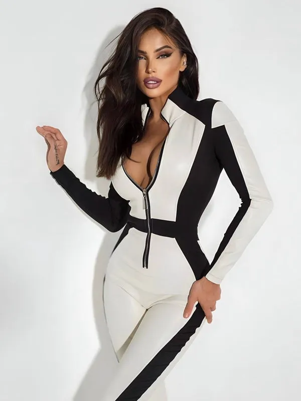 ZASUWA Female "SciFi Heroine" Contrast Color PU Half Zipper Ski Jumpsuit